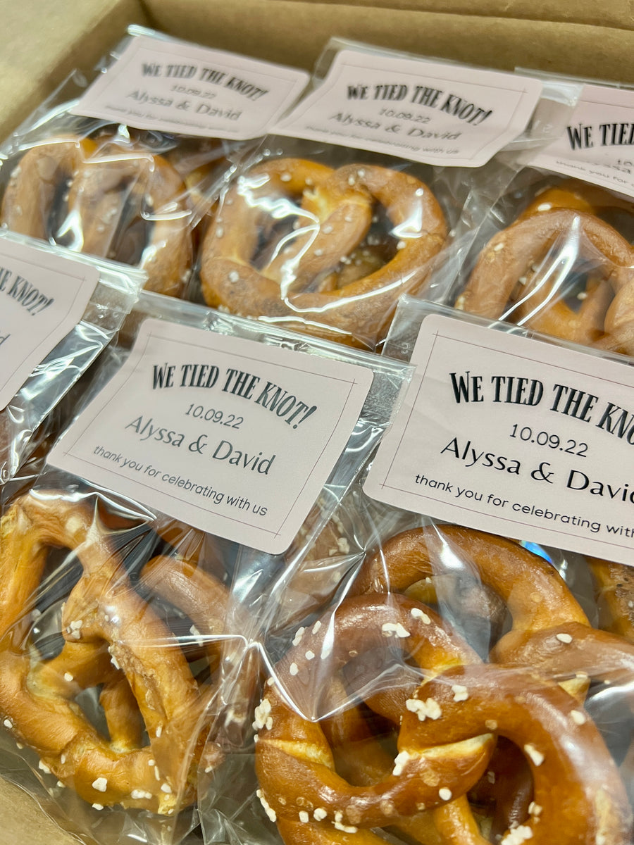 We Tied The Knot Handmade Hard Pretzel - Wedding Favor (fully customizable sticker)